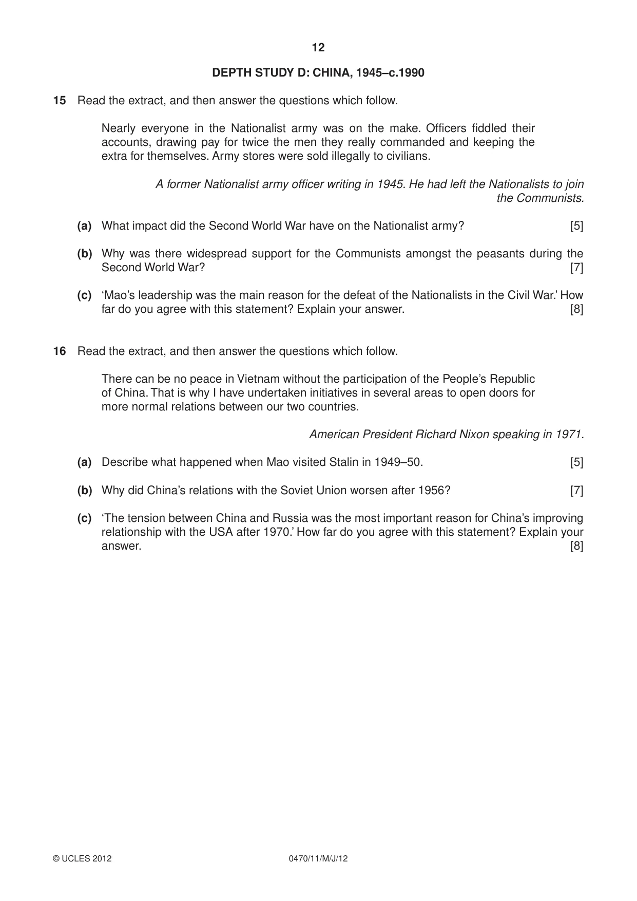 Cambridge IGCSE History 0470 2012 May/June Paper 1 · Variant 1 question paper, page 12 of 20