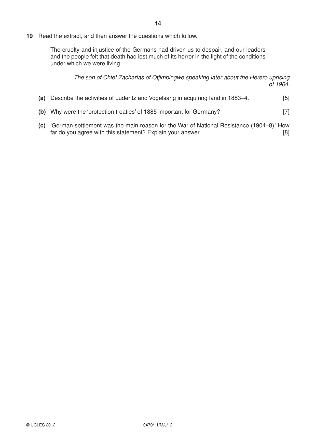 Cambridge IGCSE History 0470 2012 May/June Paper 1 · Variant 1 question paper, page 14 of 20