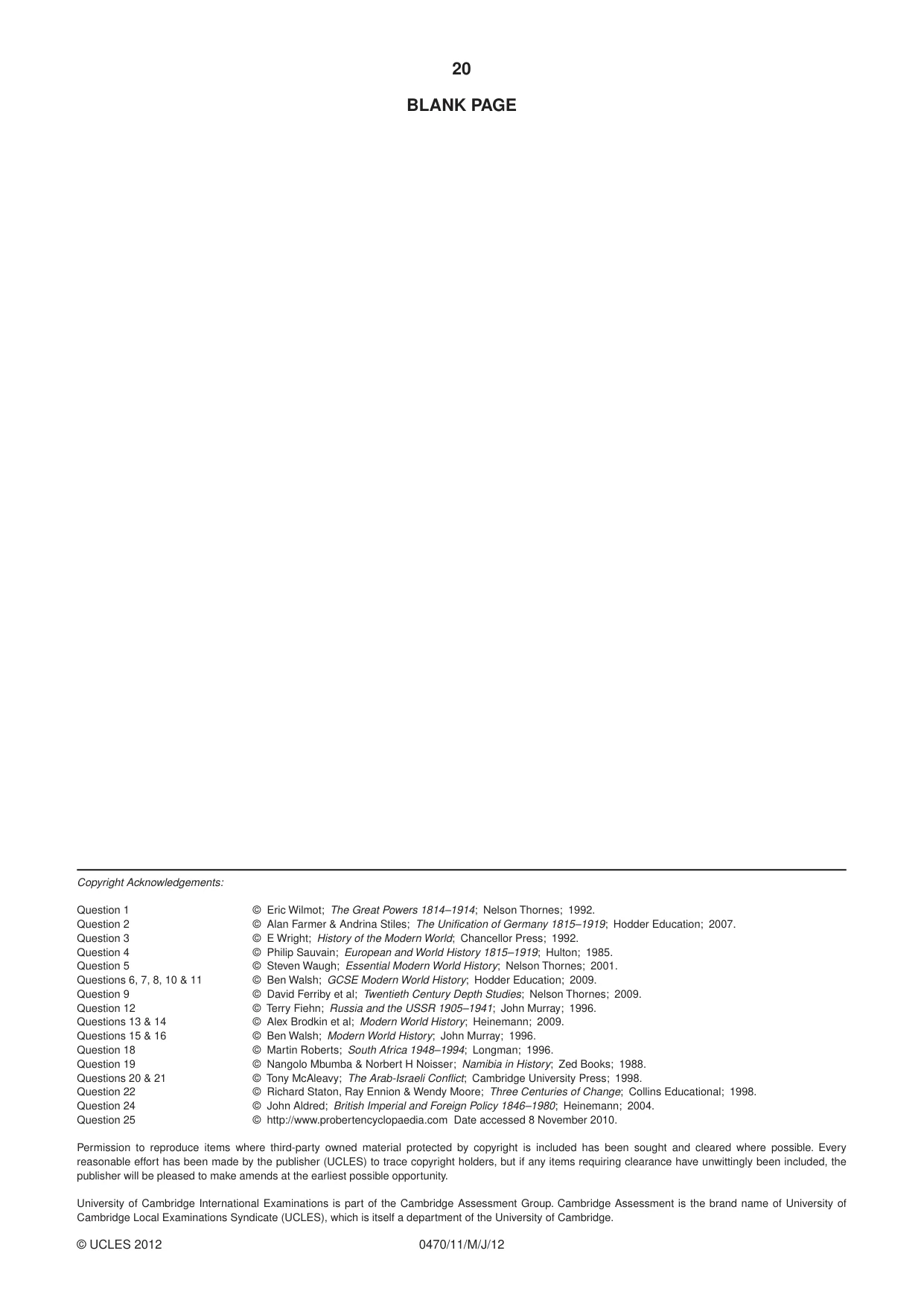 Cambridge IGCSE History 0470 2012 May/June Paper 1 · Variant 1 question paper, page 20 of 20