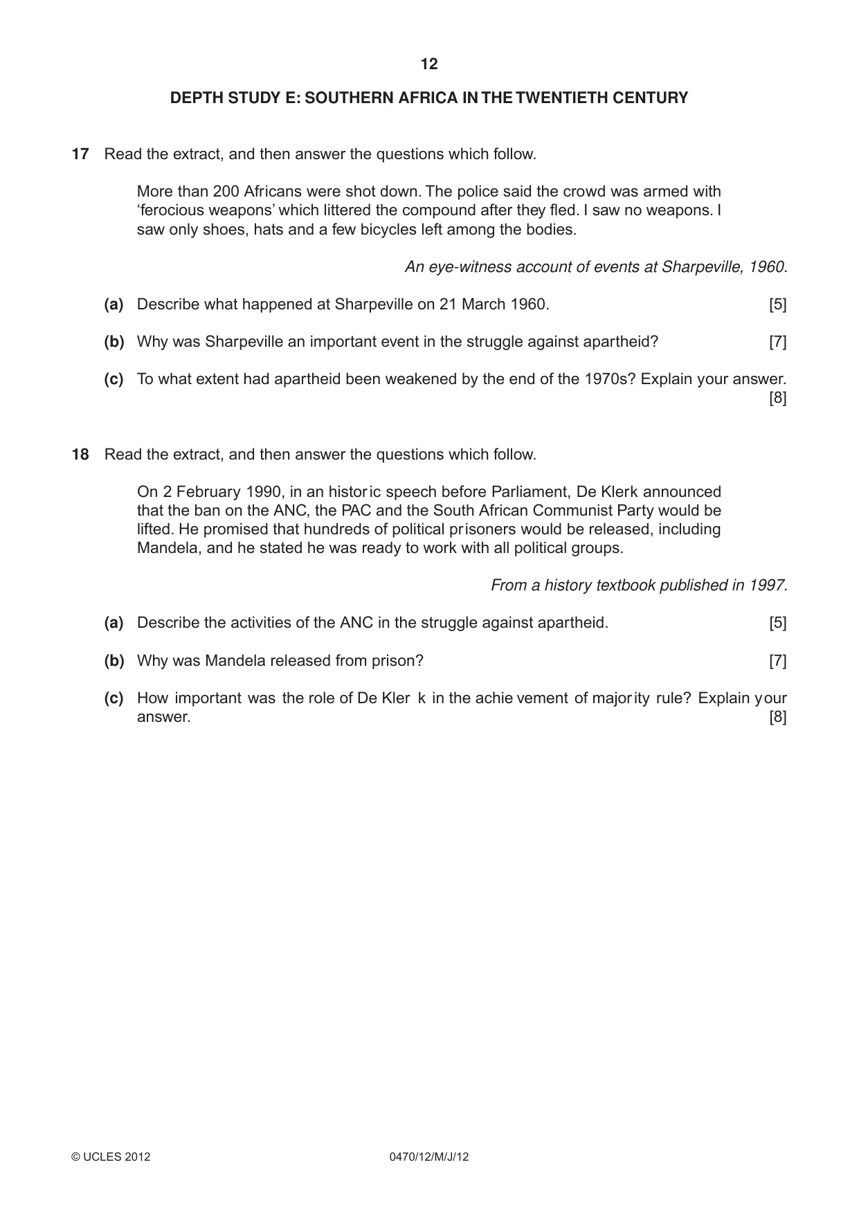Cambridge IGCSE History 0470 2012 May/June Paper 1 · Variant 2 question paper, page 12 of 20