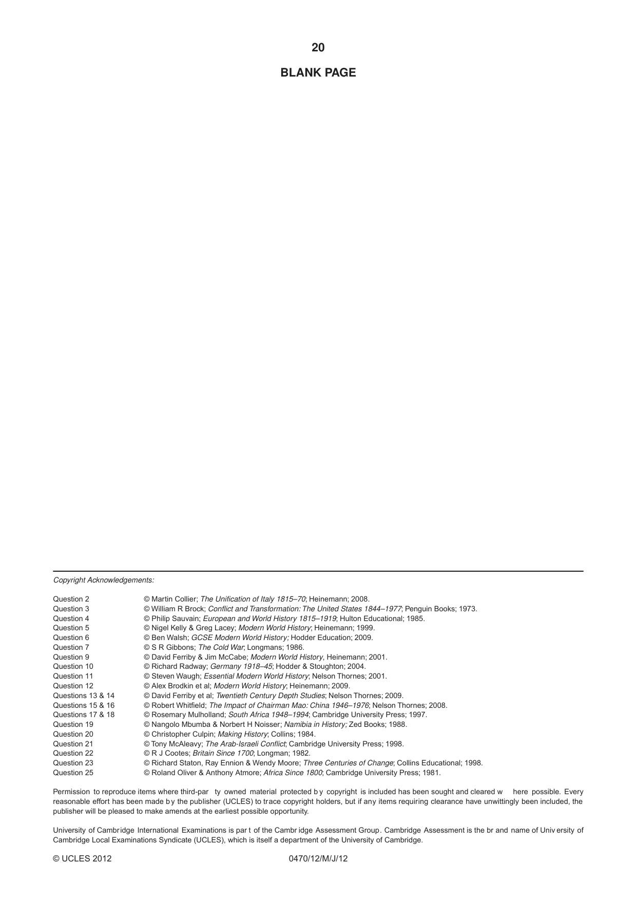 Cambridge IGCSE History 0470 2012 May/June Paper 1 · Variant 2 question paper, page 20 of 20