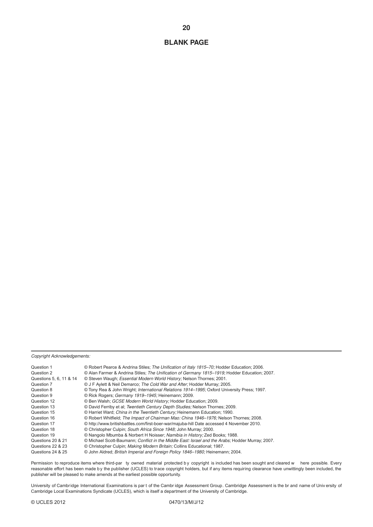 Cambridge IGCSE History 0470 2012 May/June Paper 1 · Variant 3 question paper, page 20 of 20