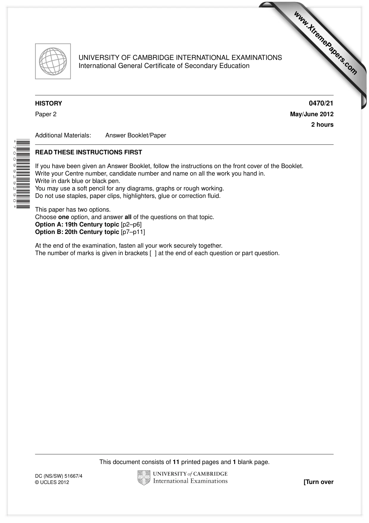 Cambridge IGCSE History 0470 2012 May/June Paper 2 · Variant 1 question paper, page 1 of 12