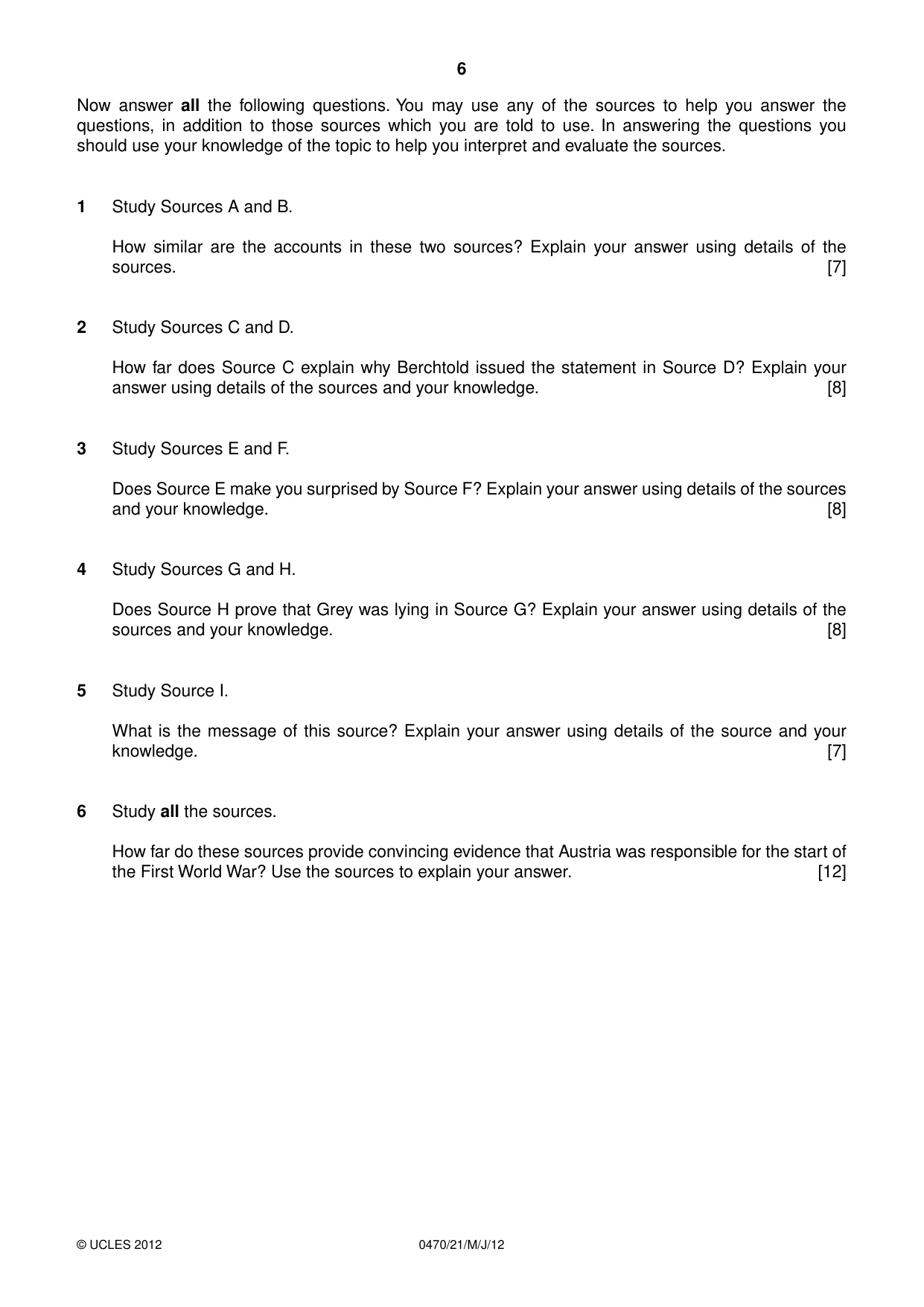 Cambridge IGCSE History 0470 2012 May/June Paper 2 · Variant 1 question paper, page 6 of 12