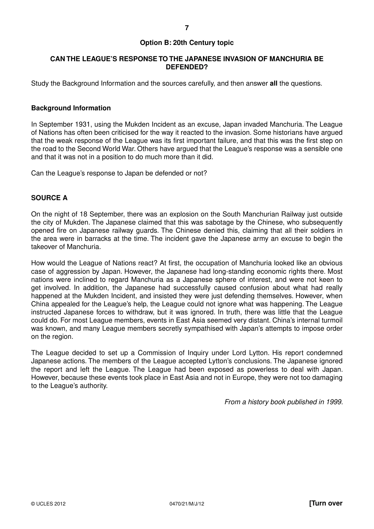 Cambridge IGCSE History 0470 2012 May/June Paper 2 · Variant 1 question paper, page 7 of 12