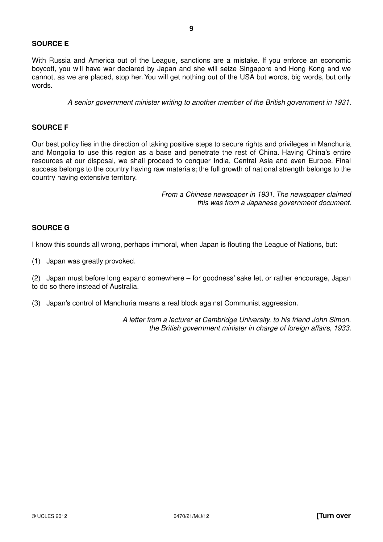Cambridge IGCSE History 0470 2012 May/June Paper 2 · Variant 1 question paper, page 9 of 12