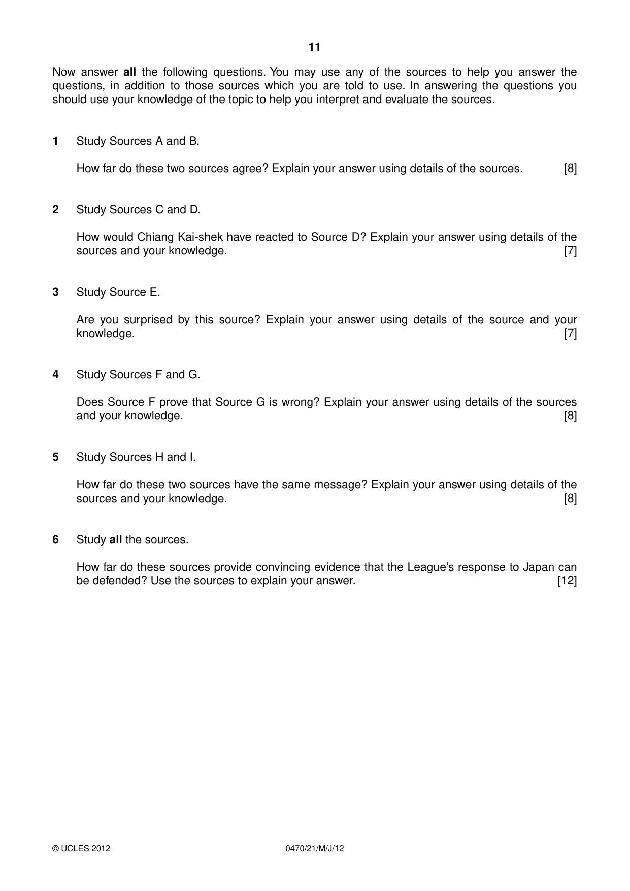 Cambridge IGCSE History 0470 2012 May/June Paper 2 · Variant 1 question paper, page 11 of 12