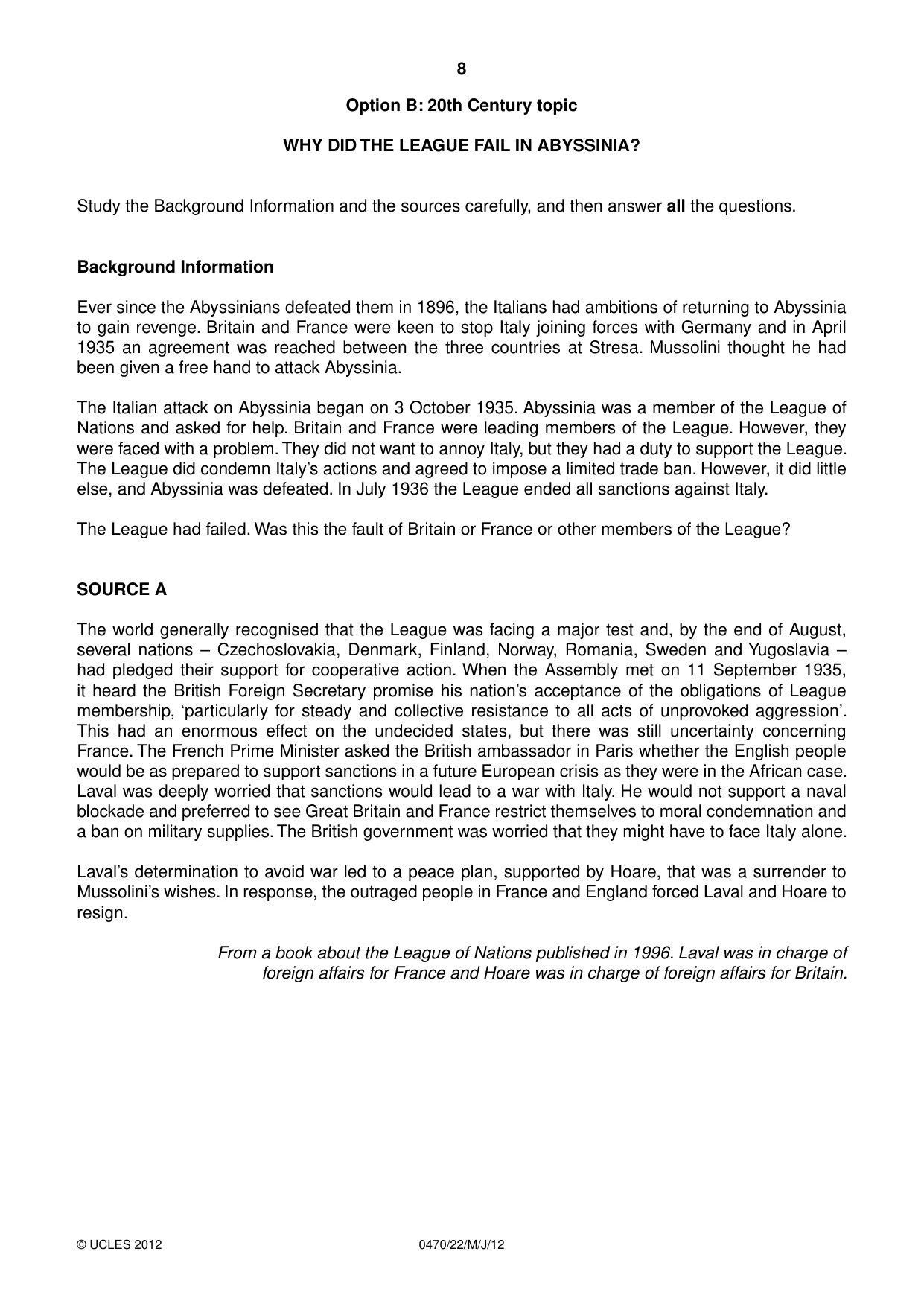 Cambridge IGCSE History 0470 2012 May/June Paper 2 · Variant 2 question paper, page 8 of 12