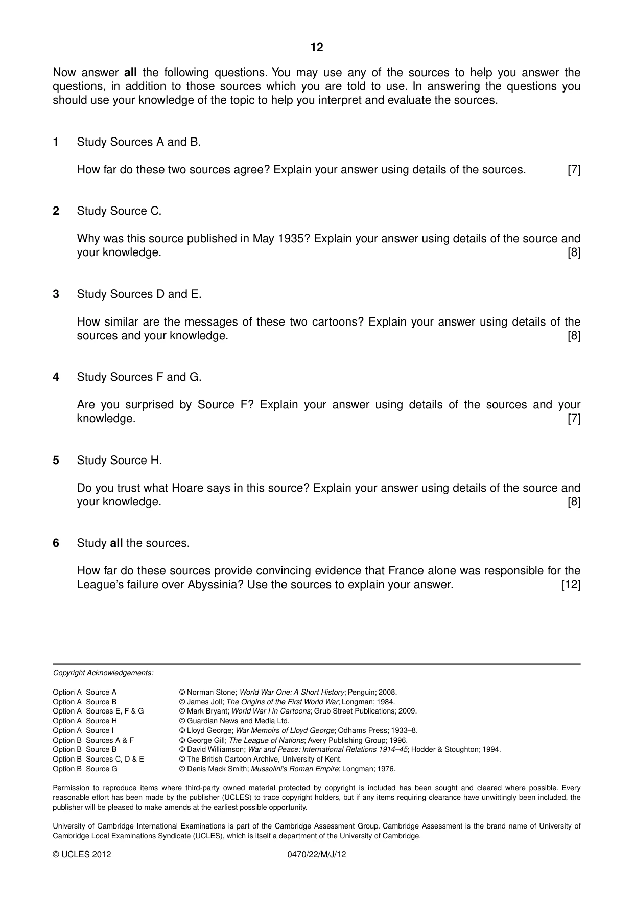 Cambridge IGCSE History 0470 2012 May/June Paper 2 · Variant 2 question paper, page 12 of 12