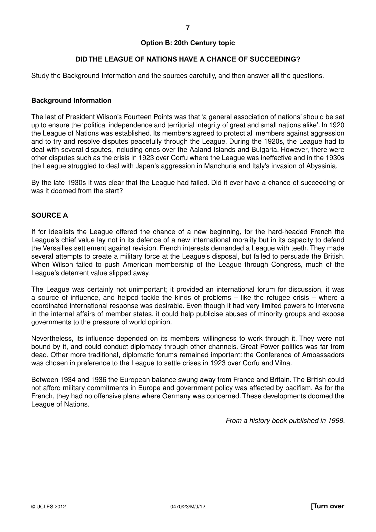 Cambridge IGCSE History 0470 2012 May/June Paper 2 · Variant 3 question paper, page 7 of 12