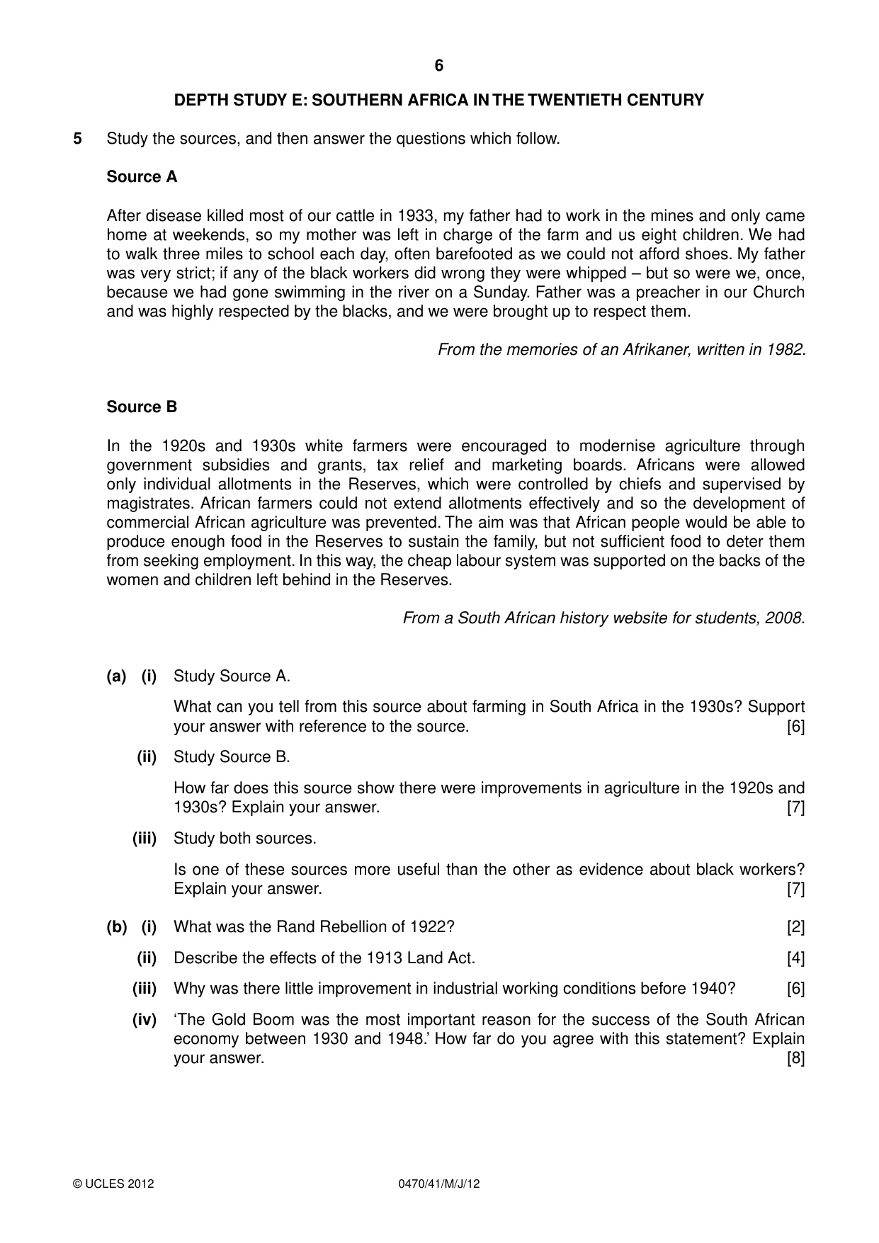 Cambridge IGCSE History 0470 2012 May/June Paper 4 · Variant 1 question paper, page 6 of 12