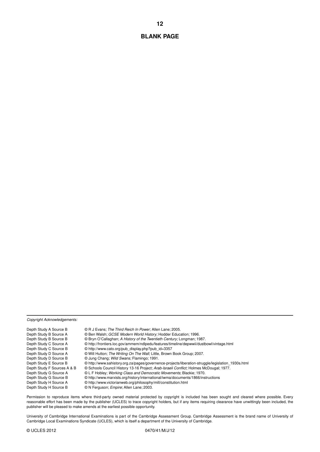 Cambridge IGCSE History 0470 2012 May/June Paper 4 · Variant 1 question paper, page 12 of 12