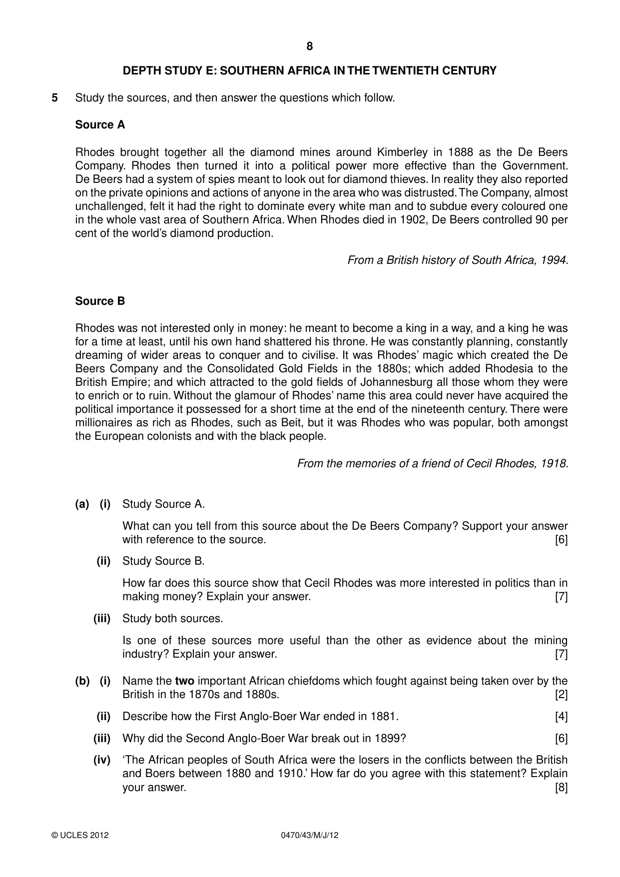 Cambridge IGCSE History 0470 2012 May/June Paper 4 · Variant 3 question paper, page 8 of 12