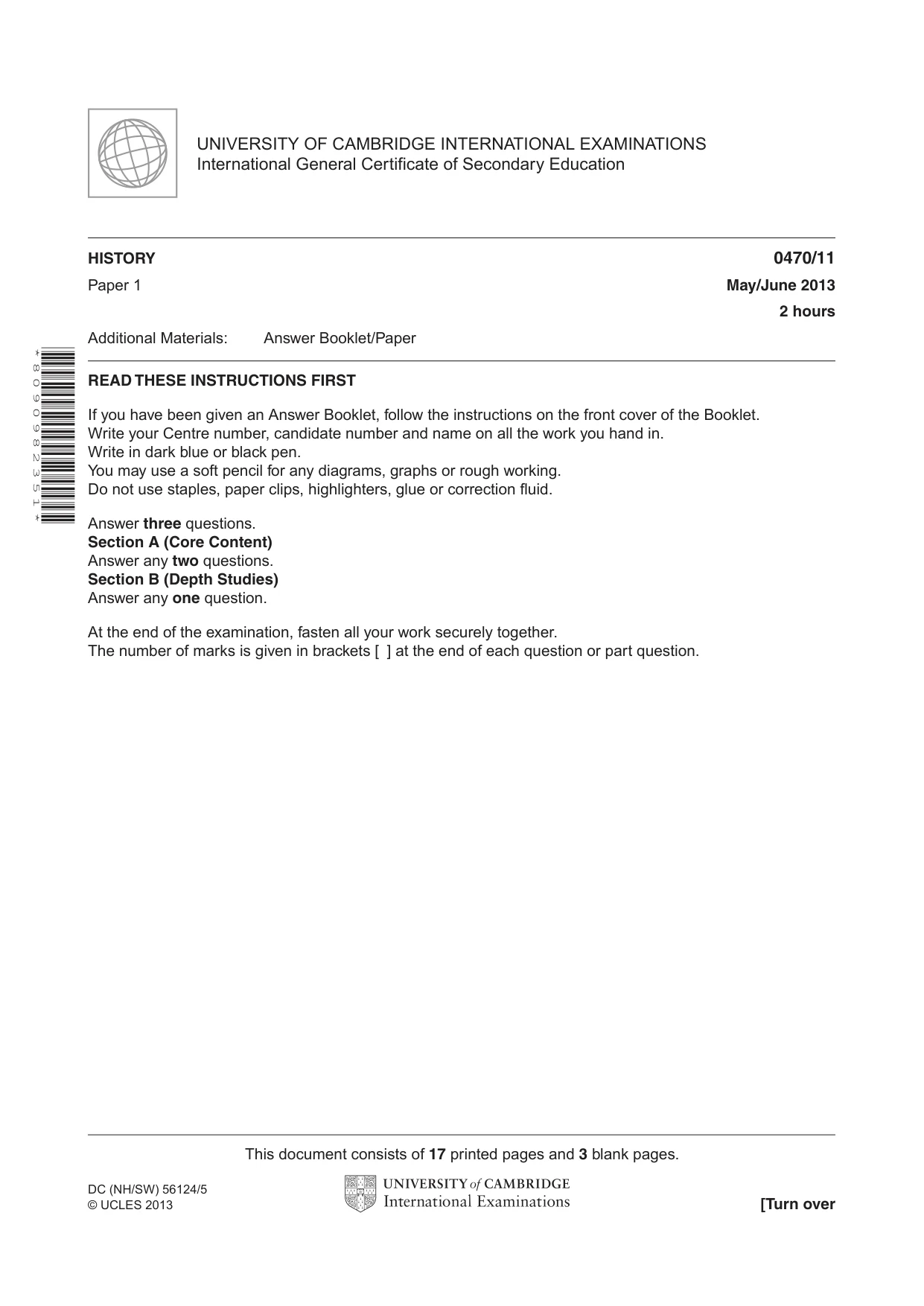 Cambridge IGCSE History 0470 2013 May/June Paper 1 · Variant 1 question paper, page 1 of 20