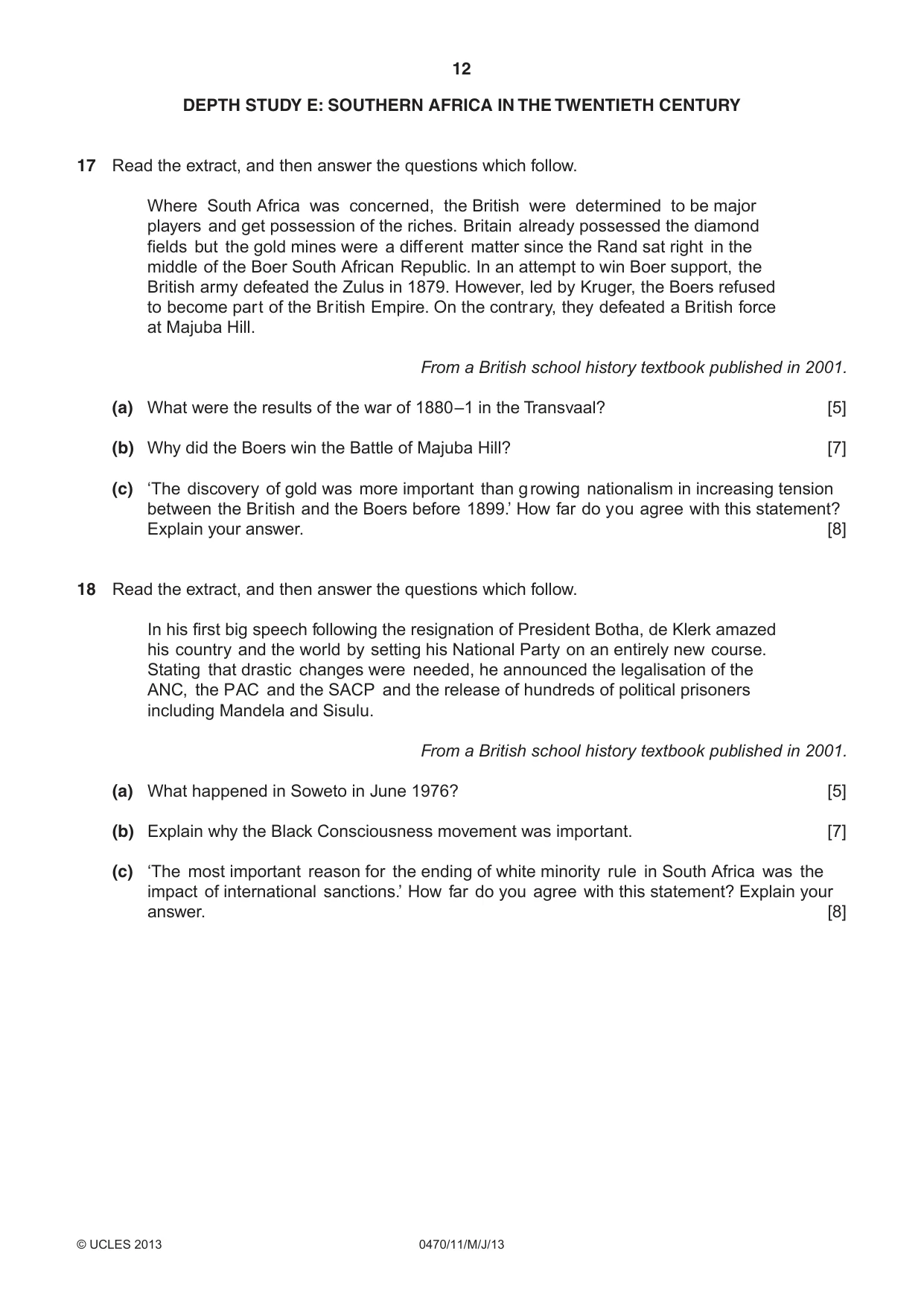 Cambridge IGCSE History 0470 2013 May/June Paper 1 · Variant 1 question paper, page 12 of 20