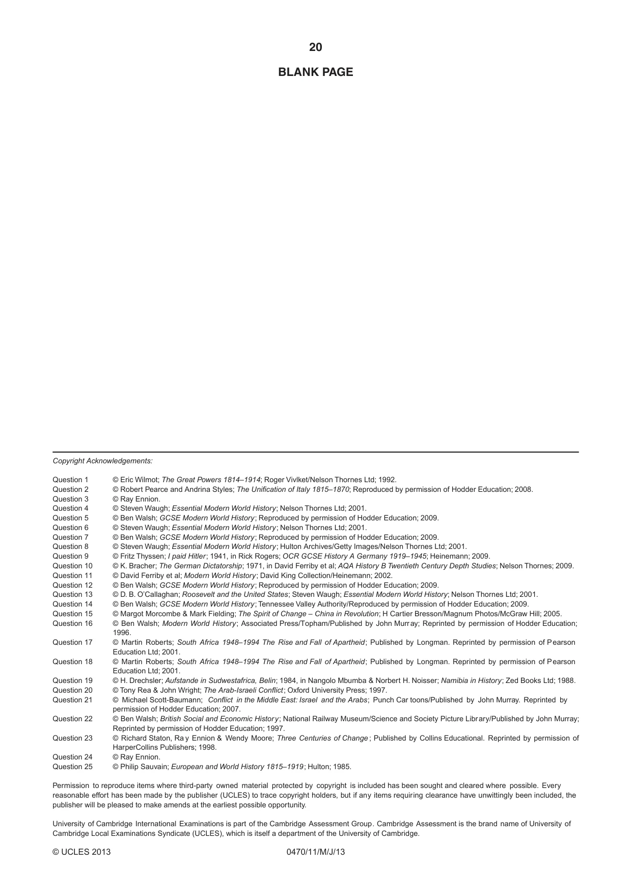 Cambridge IGCSE History 0470 2013 May/June Paper 1 · Variant 1 question paper, page 20 of 20