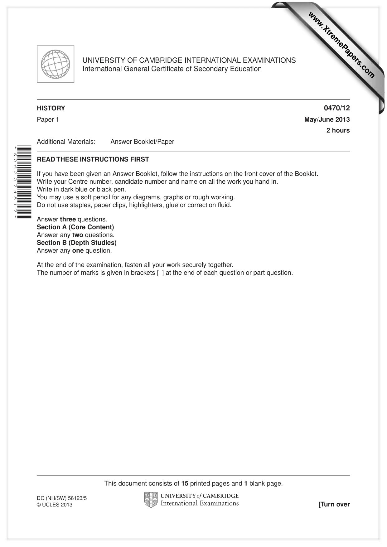 Cambridge IGCSE History 0470 2013 May/June Paper 1 · Variant 2 question paper, page 1 of 16