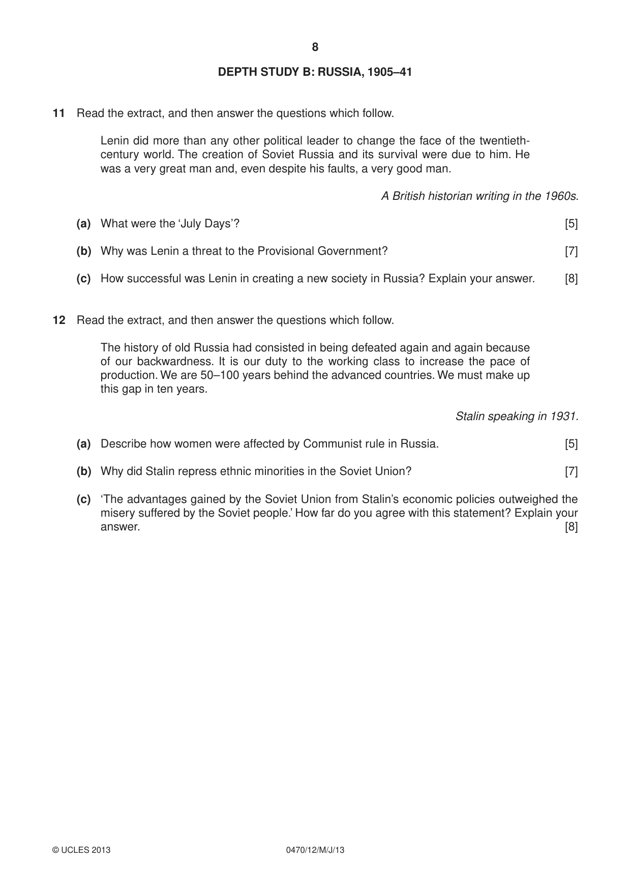 Cambridge IGCSE History 0470 2013 May/June Paper 1 · Variant 2 question paper, page 8 of 16