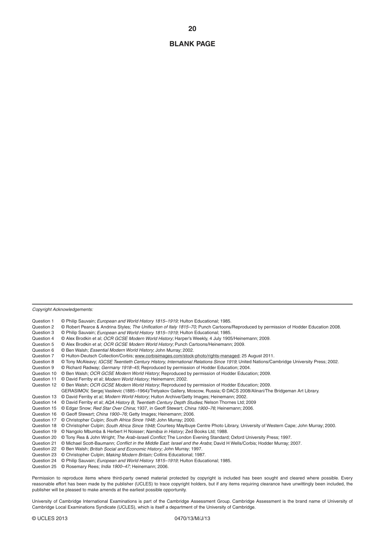 Cambridge IGCSE History 0470 2013 May/June Paper 1 · Variant 3 question paper, page 20 of 20
