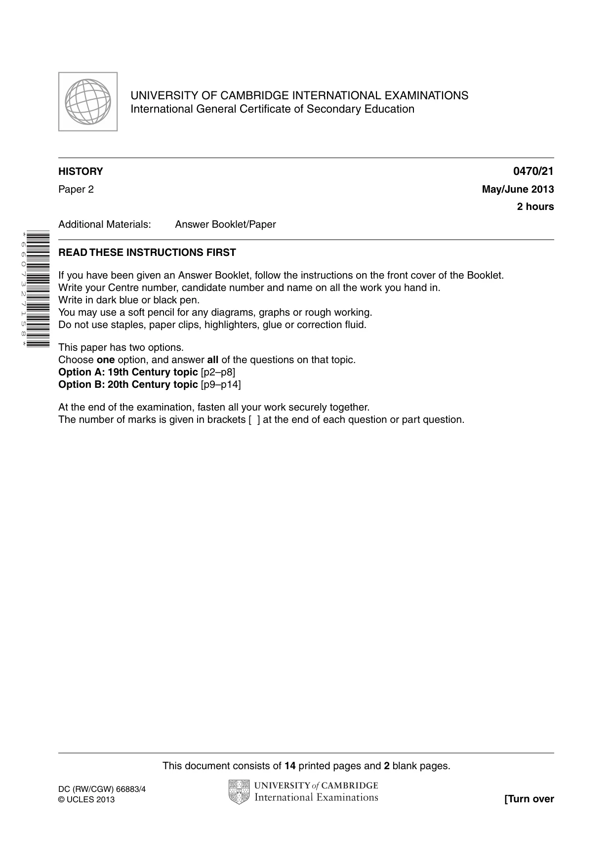 Cambridge IGCSE History 0470 2013 May/June Paper 2 · Variant 1 question paper, page 1 of 16
