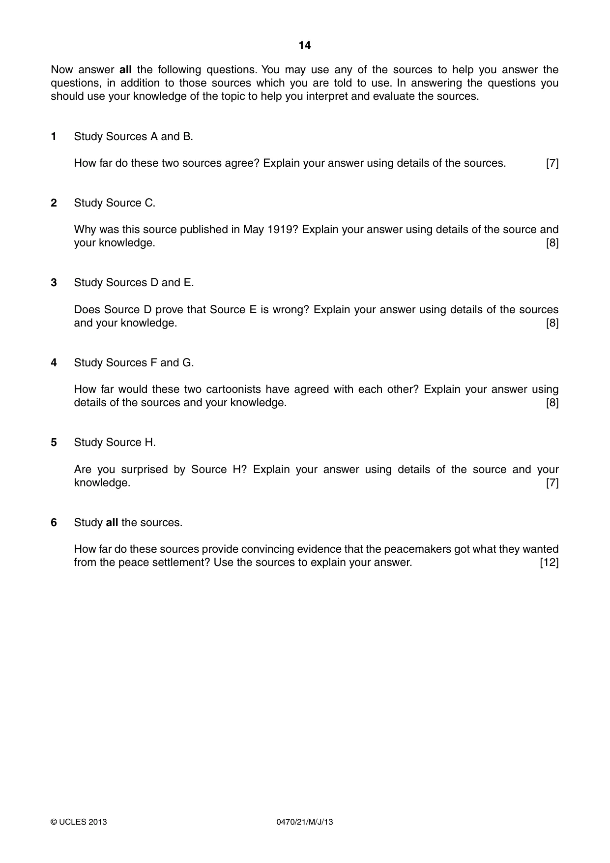 Cambridge IGCSE History 0470 2013 May/June Paper 2 · Variant 1 question paper, page 14 of 16