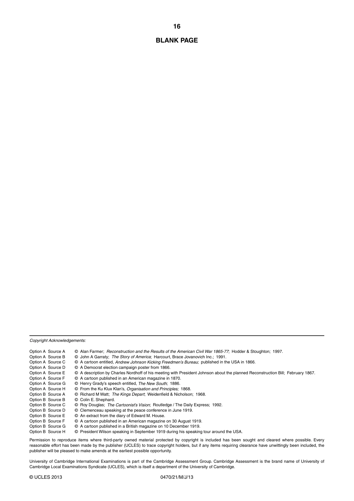 Cambridge IGCSE History 0470 2013 May/June Paper 2 · Variant 1 question paper, page 16 of 16