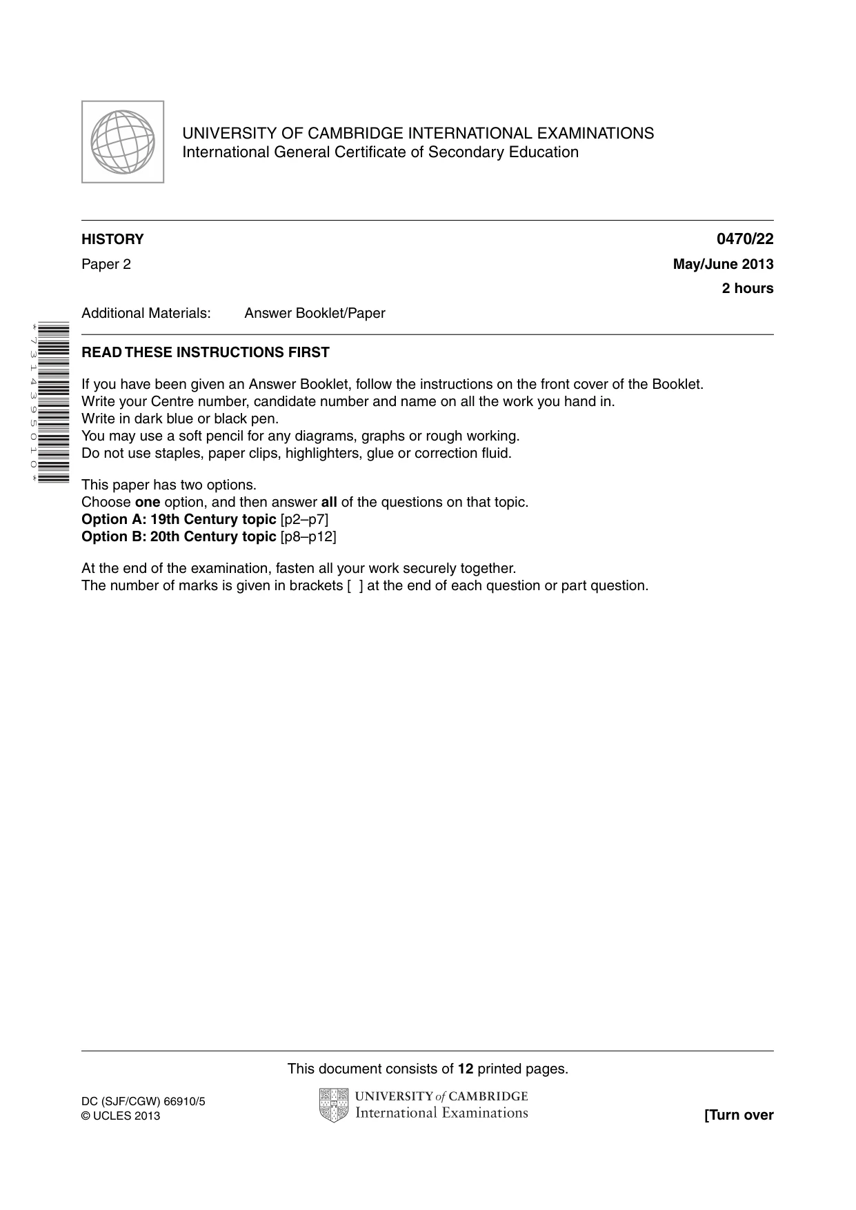 Cambridge IGCSE History 0470 2013 May/June Paper 2 · Variant 2 question paper, page 1 of 12