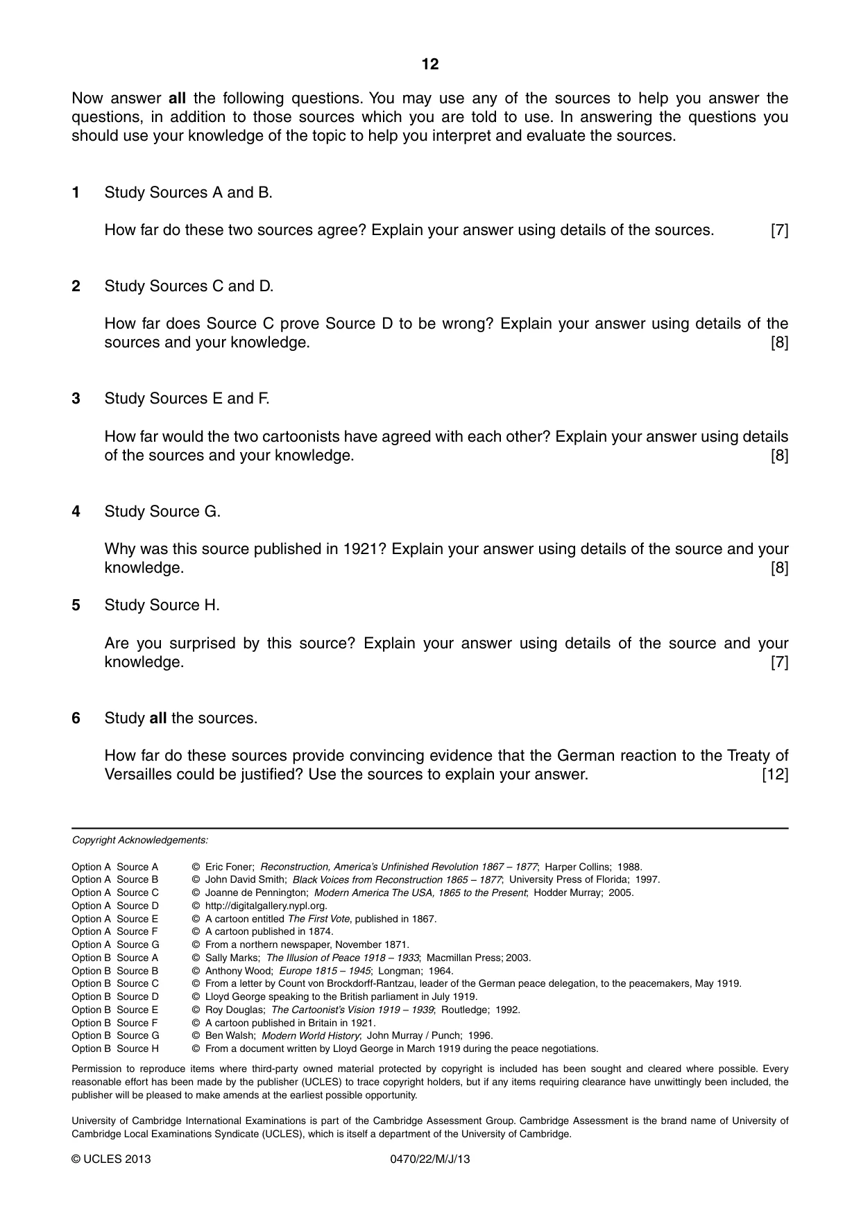 Cambridge IGCSE History 0470 2013 May/June Paper 2 · Variant 2 question paper, page 12 of 12