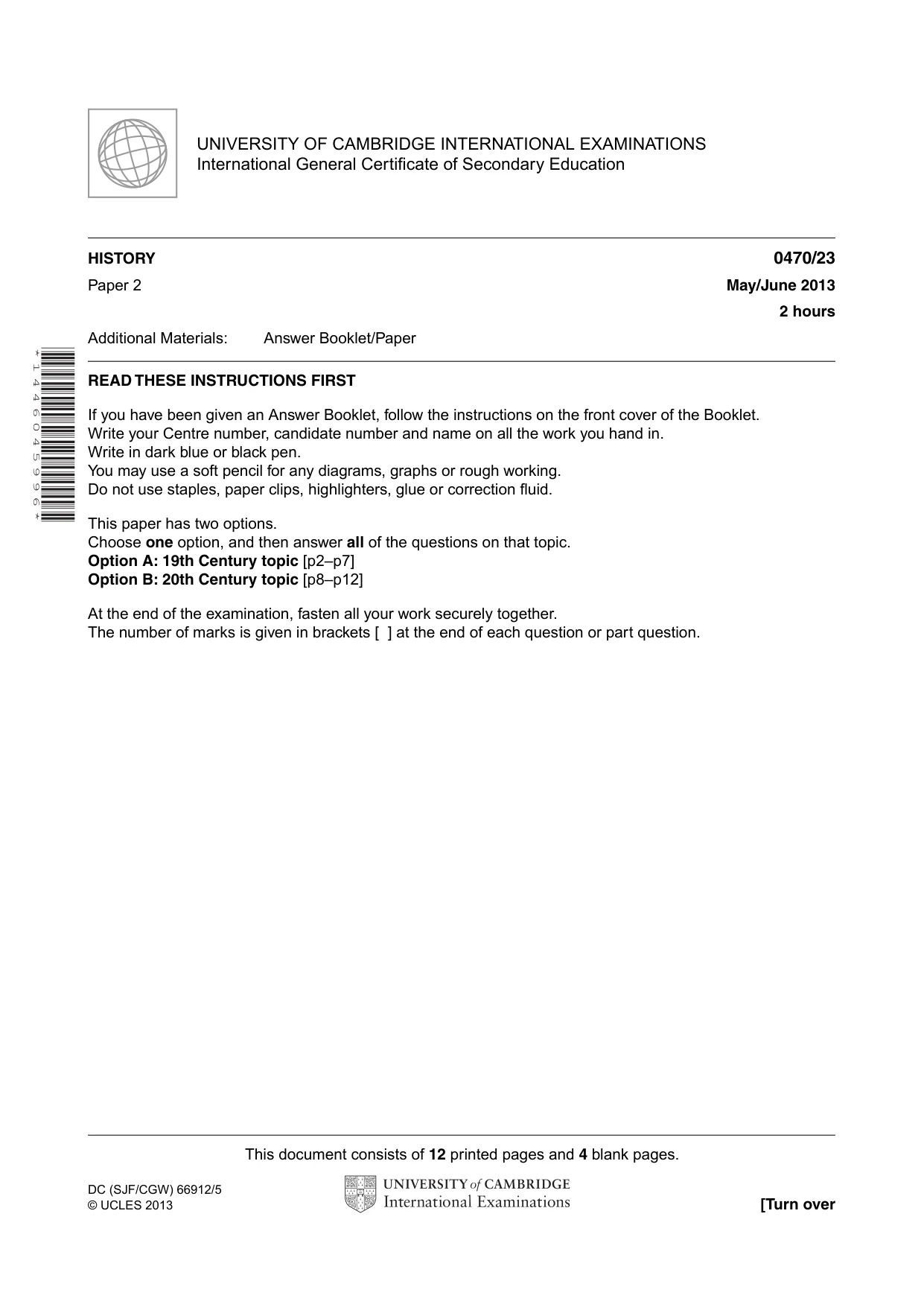 Cambridge IGCSE History 0470 2013 May/June Paper 2 · Variant 3 question paper, page 1 of 16