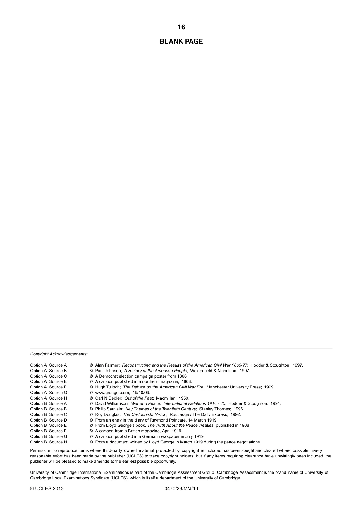 Cambridge IGCSE History 0470 2013 May/June Paper 2 · Variant 3 question paper, page 16 of 16