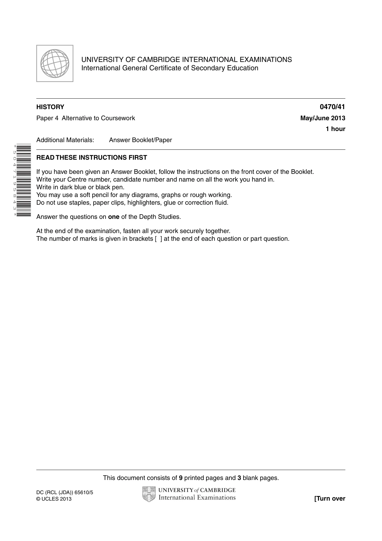 Cambridge IGCSE History 0470 2013 May/June Paper 4 · Variant 1 question paper, page 1 of 12