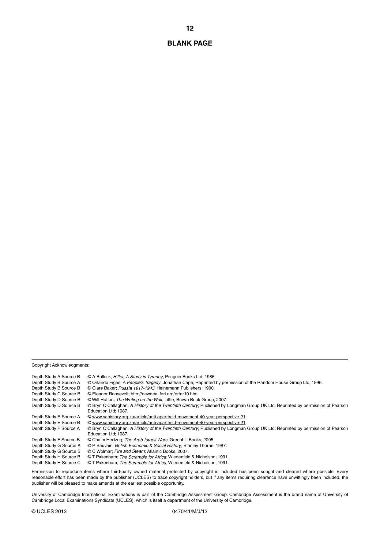 Cambridge IGCSE History 0470 2013 May/June Paper 4 · Variant 1 question paper, page 12 of 12