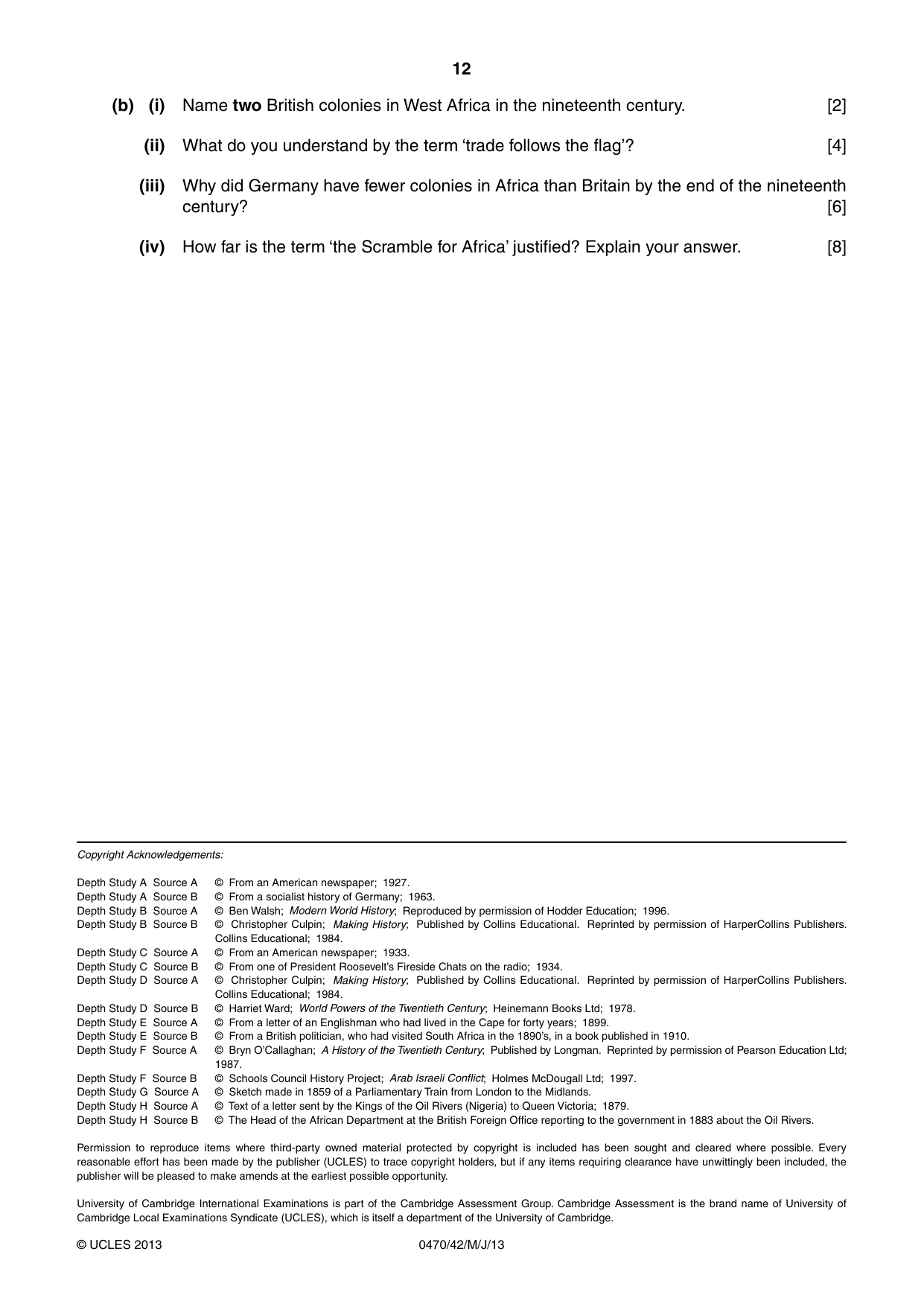 Cambridge IGCSE History 0470 2013 May/June Paper 4 · Variant 2 question paper, page 12 of 12