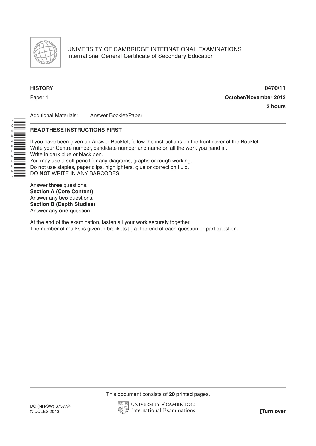 Cambridge IGCSE History 0470 2013 Oct/Nov Paper 1 · Variant 1 question paper, page 1 of 20