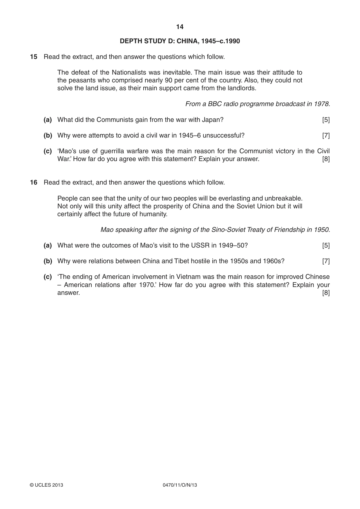 Cambridge IGCSE History 0470 2013 Oct/Nov Paper 1 · Variant 1 question paper, page 14 of 20