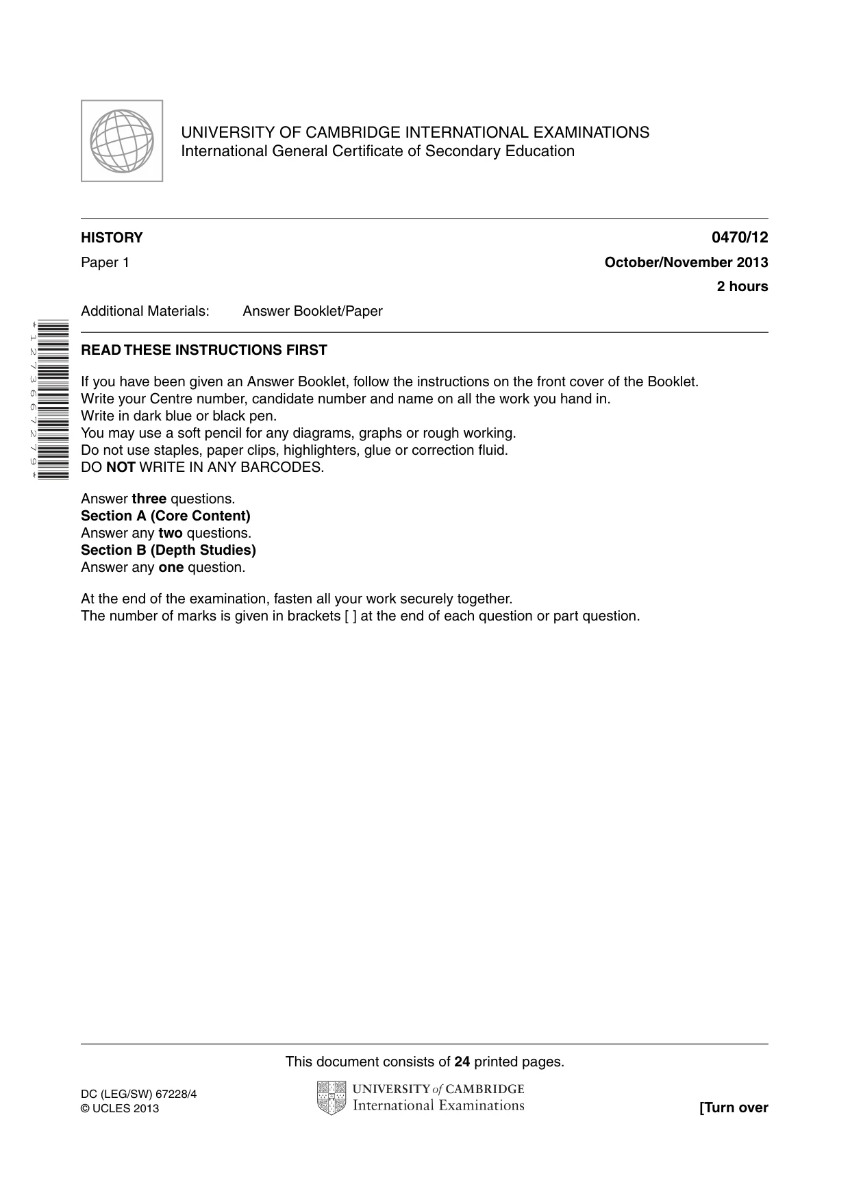 Cambridge IGCSE History 0470 2013 Oct/Nov Paper 1 · Variant 2 question paper, page 1 of 24