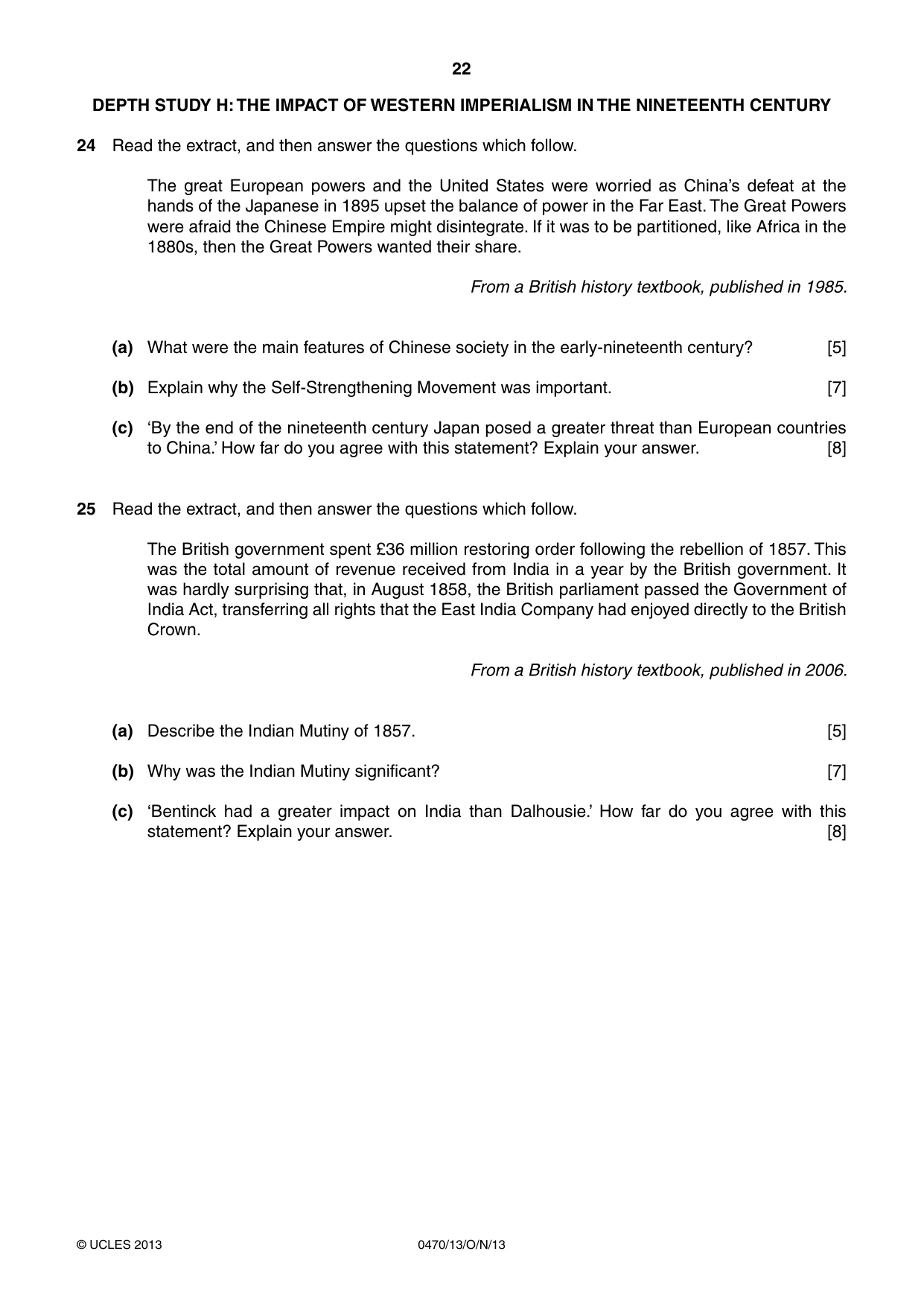 Cambridge IGCSE History 0470 2013 Oct/Nov Paper 1 · Variant 3 question paper, page 22 of 24
