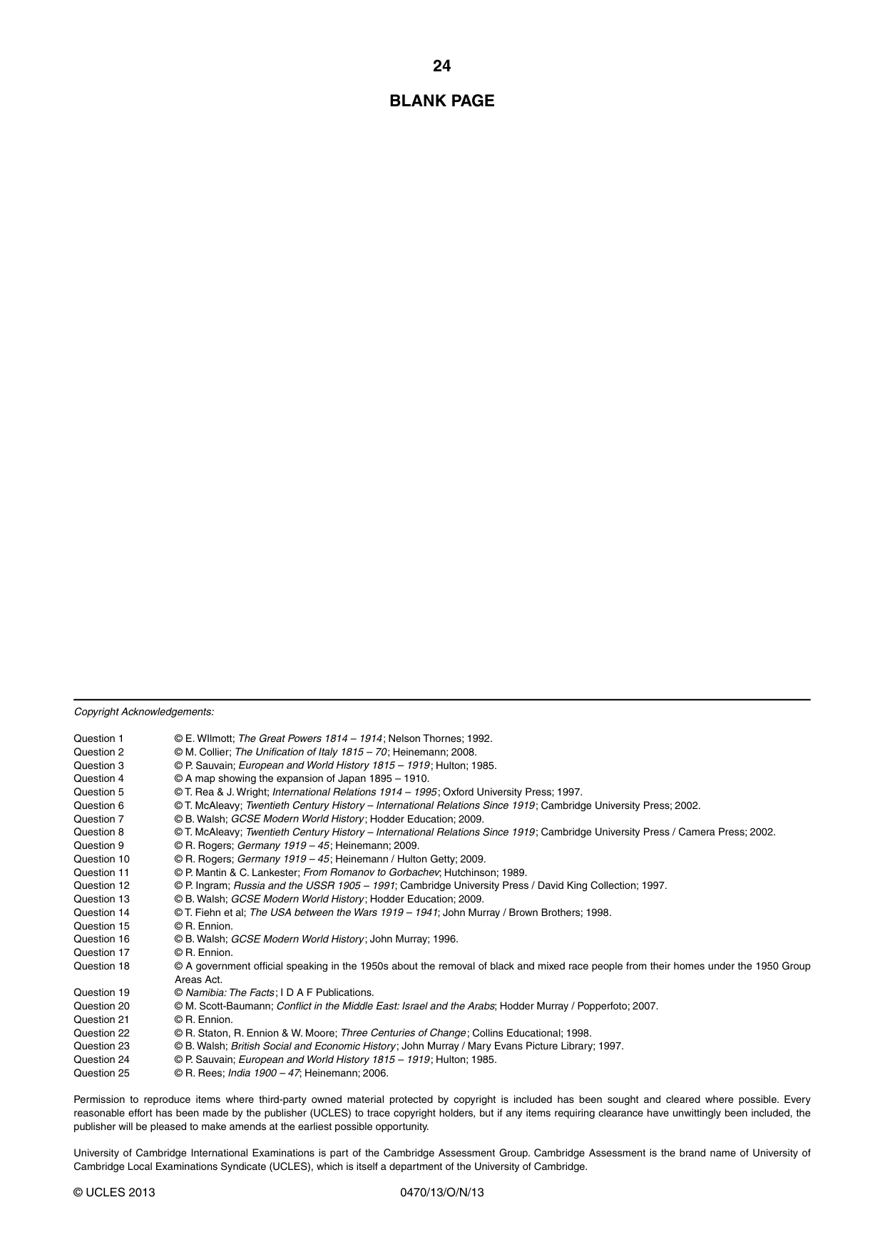 Cambridge IGCSE History 0470 2013 Oct/Nov Paper 1 · Variant 3 question paper, page 24 of 24