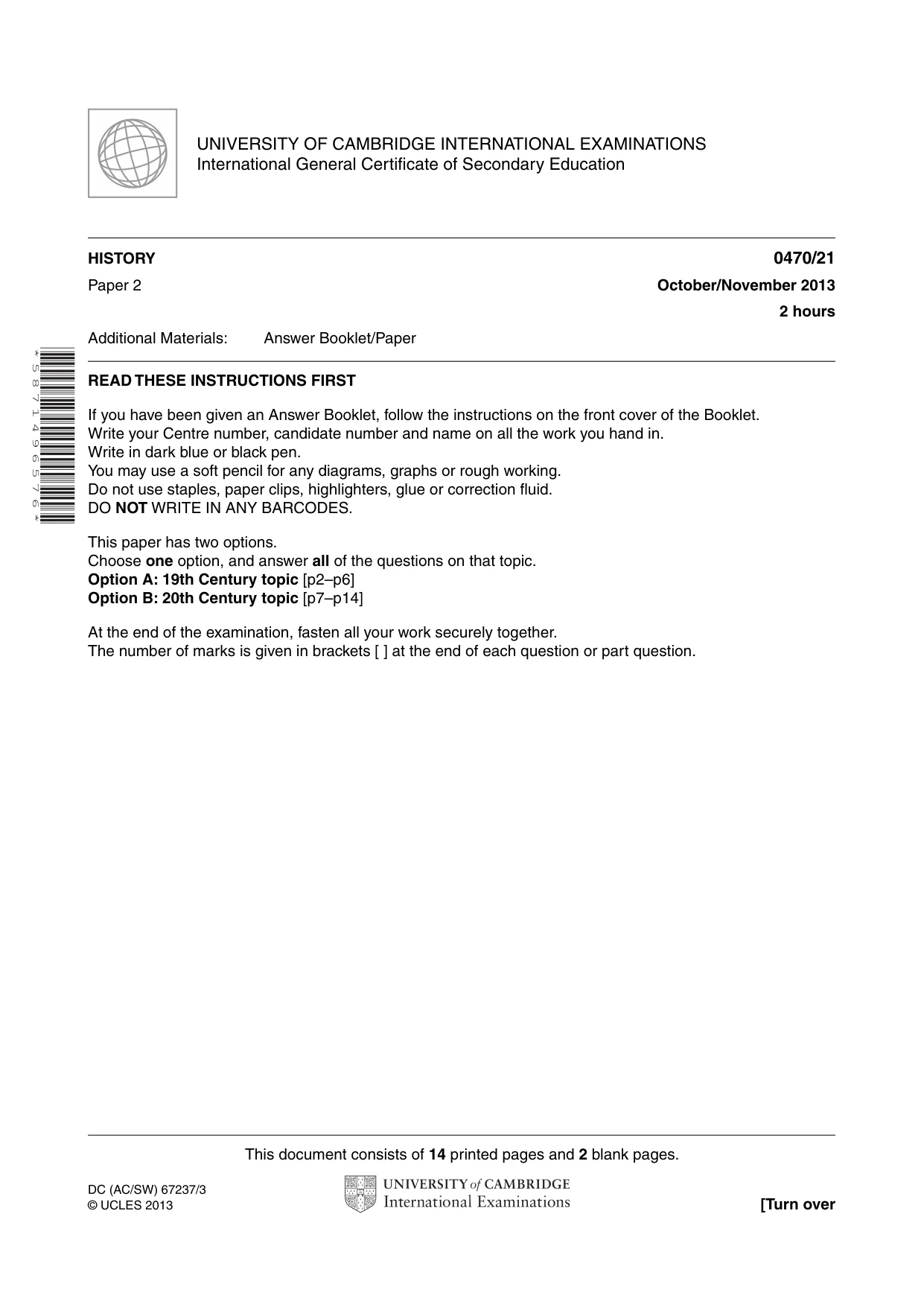 Cambridge IGCSE History 0470 2013 Oct/Nov Paper 2 · Variant 1 question paper, page 1 of 16