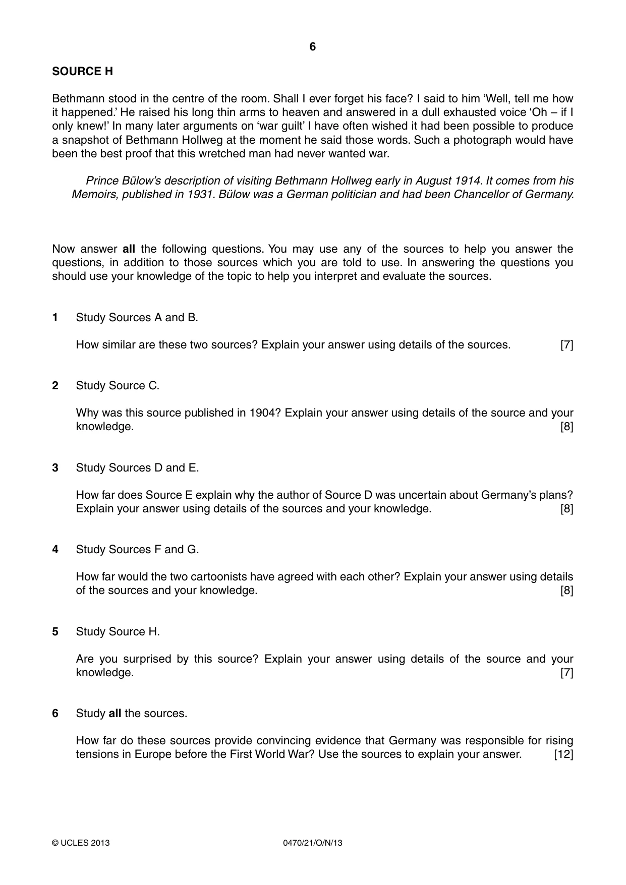 Cambridge IGCSE History 0470 2013 Oct/Nov Paper 2 · Variant 1 question paper, page 6 of 16