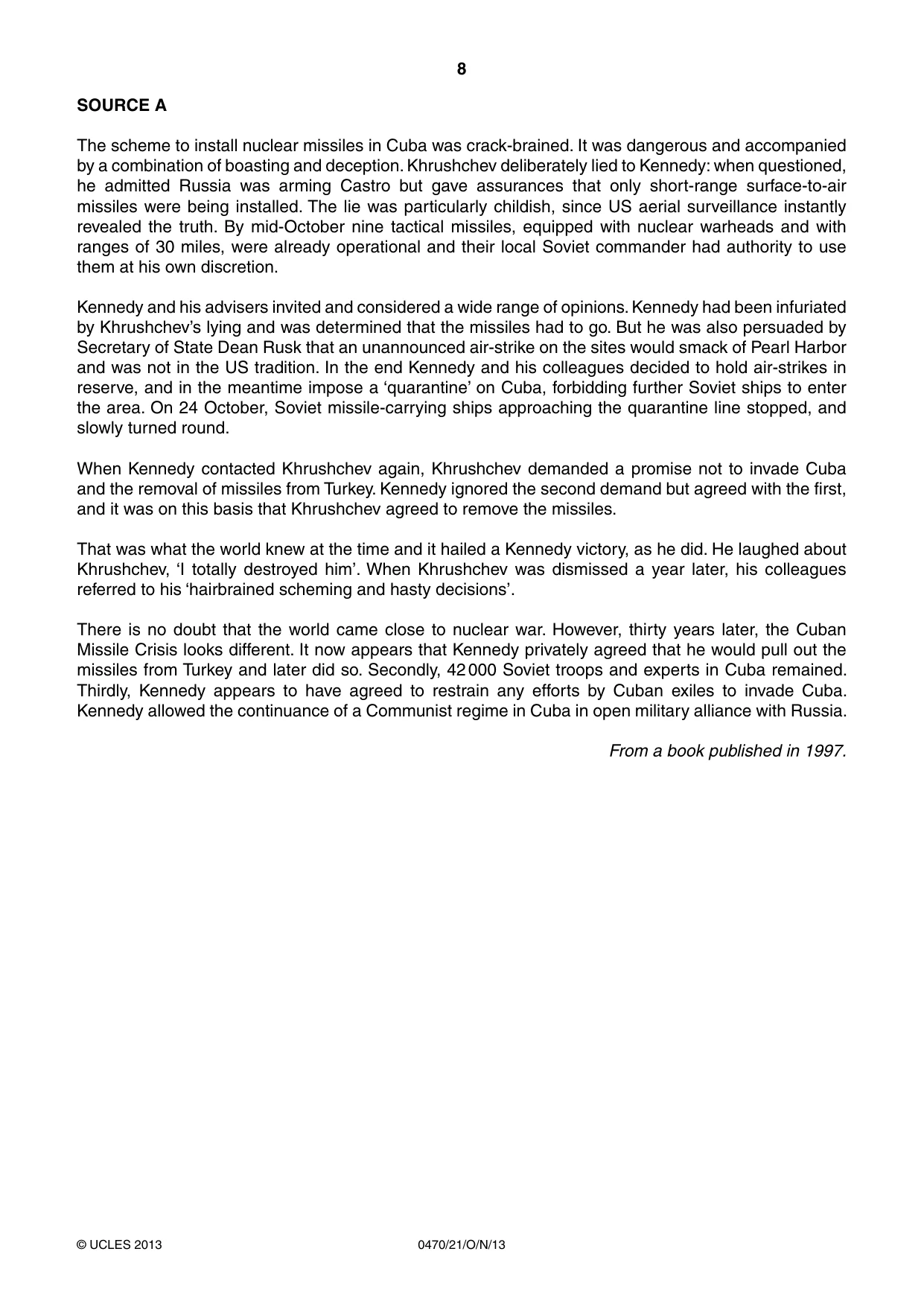 Cambridge IGCSE History 0470 2013 Oct/Nov Paper 2 · Variant 1 question paper, page 8 of 16
