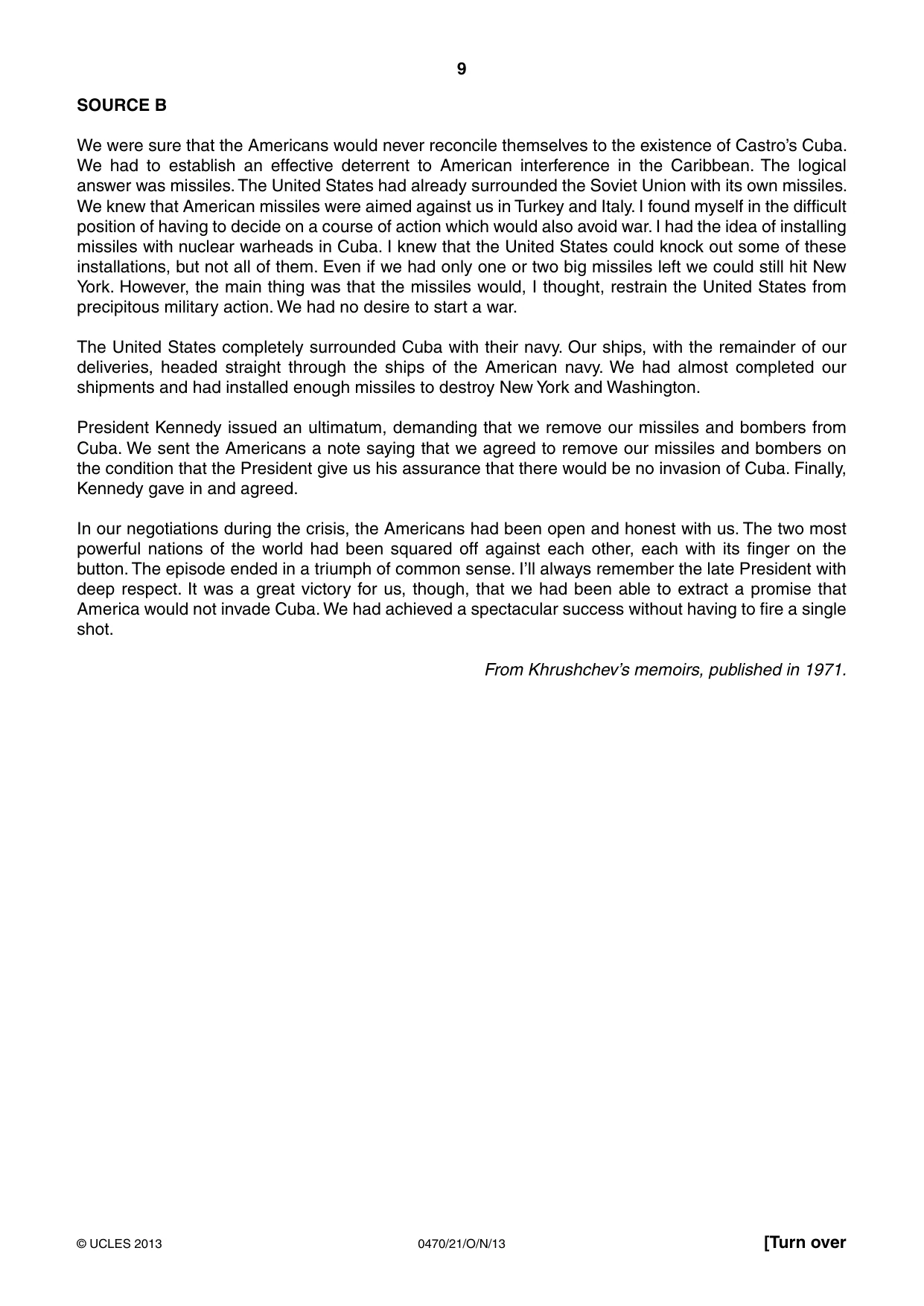 Cambridge IGCSE History 0470 2013 Oct/Nov Paper 2 · Variant 1 question paper, page 9 of 16