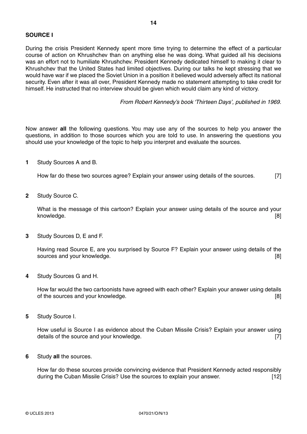 Cambridge IGCSE History 0470 2013 Oct/Nov Paper 2 · Variant 1 question paper, page 14 of 16