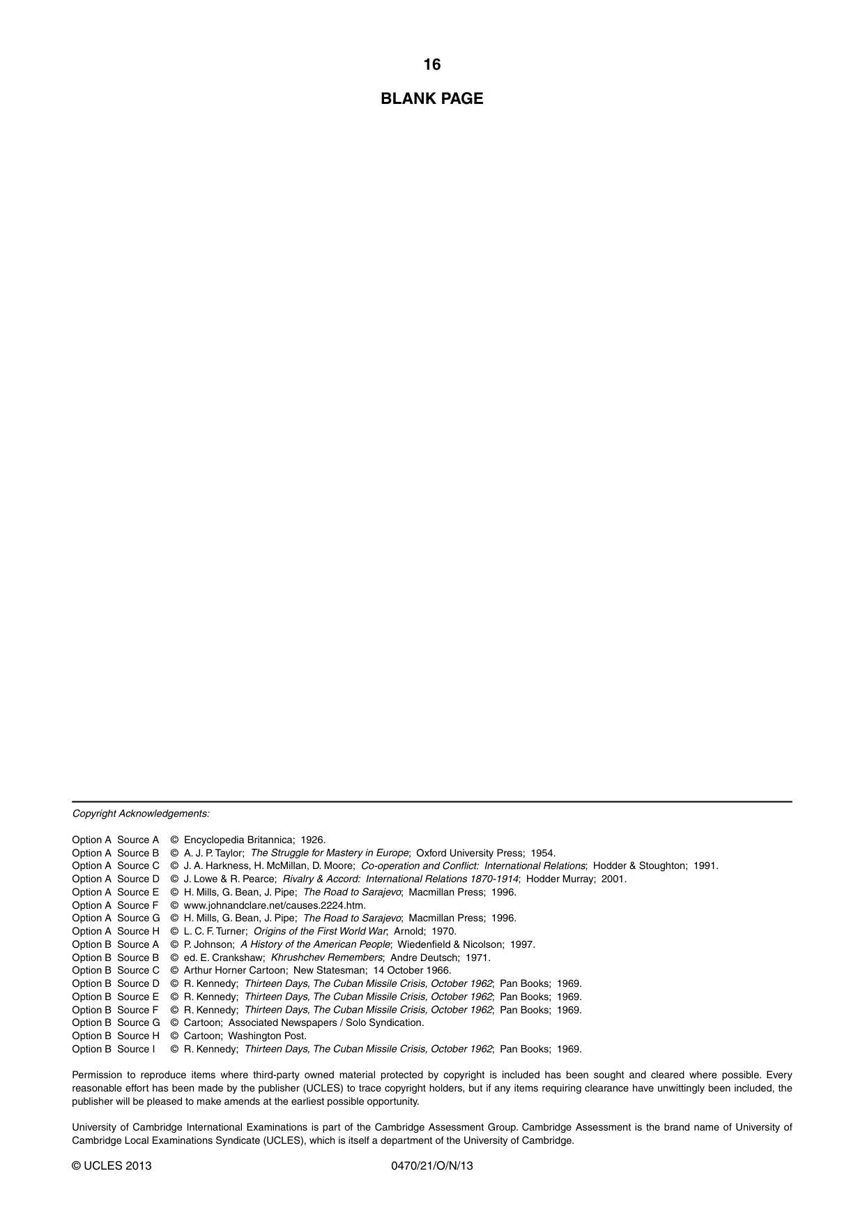 Cambridge IGCSE History 0470 2013 Oct/Nov Paper 2 · Variant 1 question paper, page 16 of 16