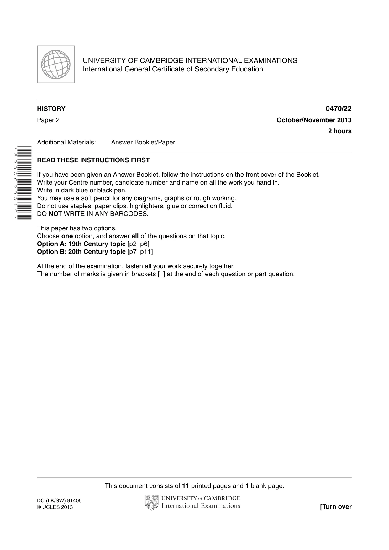 Cambridge IGCSE History 0470 2013 Oct/Nov Paper 2 · Variant 2 question paper, page 1 of 12