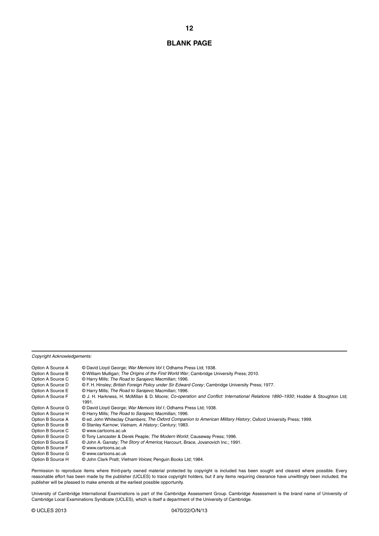 Cambridge IGCSE History 0470 2013 Oct/Nov Paper 2 · Variant 2 question paper, page 12 of 12