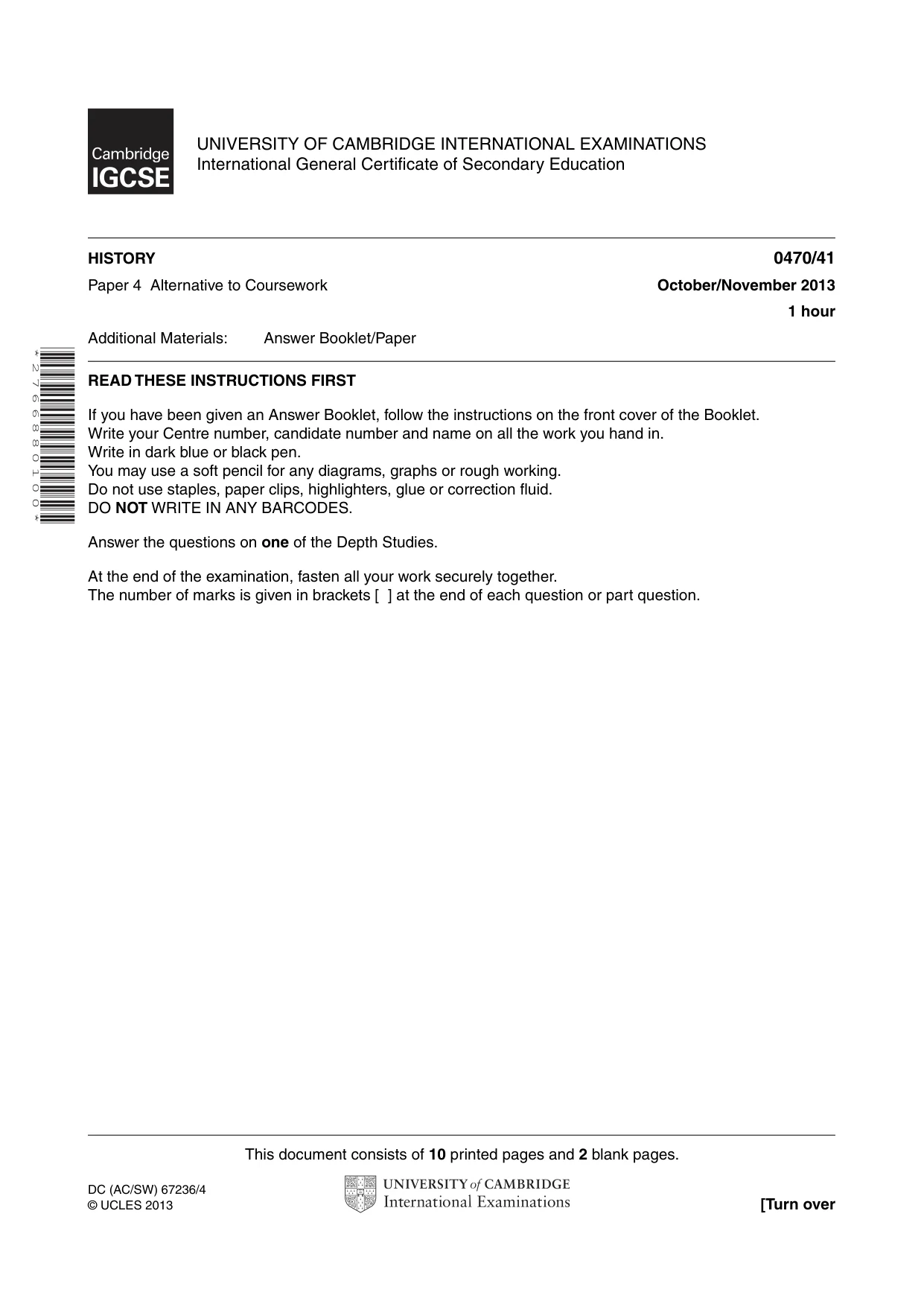 Cambridge IGCSE History 0470 2013 Oct/Nov Paper 4 · Variant 1 question paper, page 1 of 12