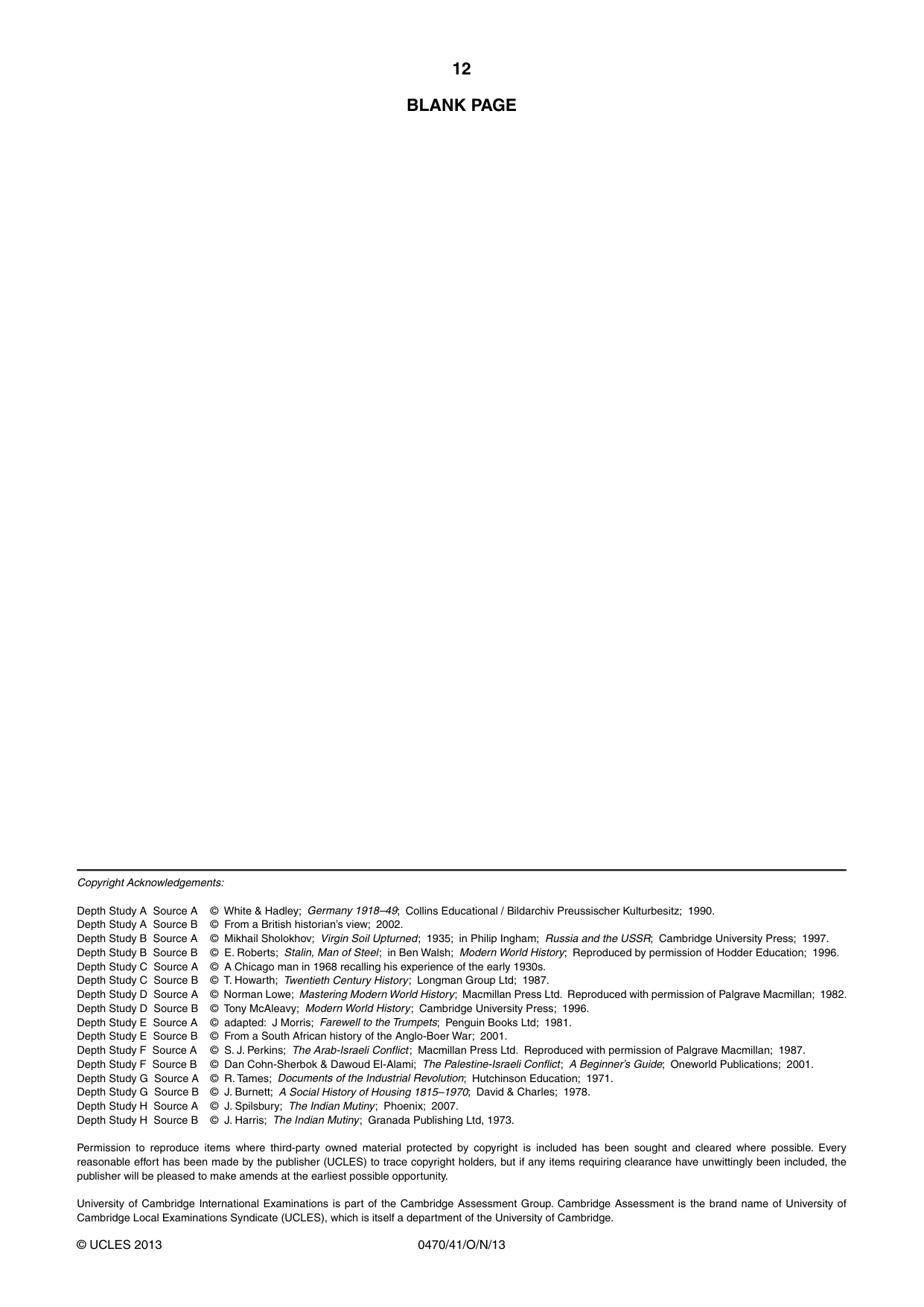 Cambridge IGCSE History 0470 2013 Oct/Nov Paper 4 · Variant 1 question paper, page 12 of 12