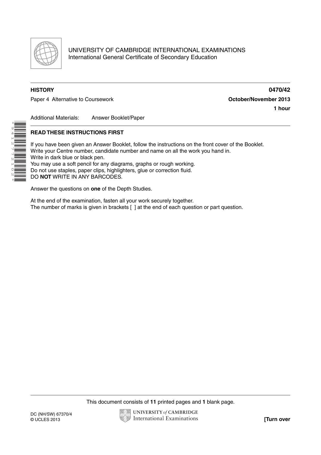 Cambridge IGCSE History 0470 2013 Oct/Nov Paper 4 · Variant 2 question paper, page 1 of 12