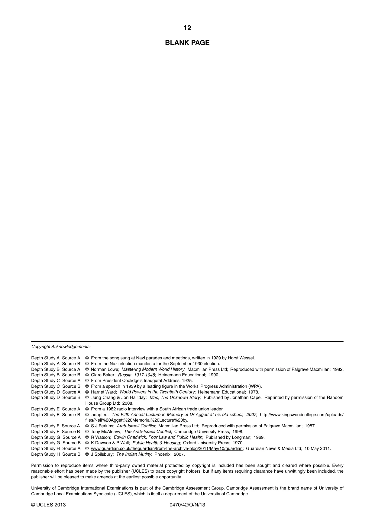 Cambridge IGCSE History 0470 2013 Oct/Nov Paper 4 · Variant 2 question paper, page 12 of 12